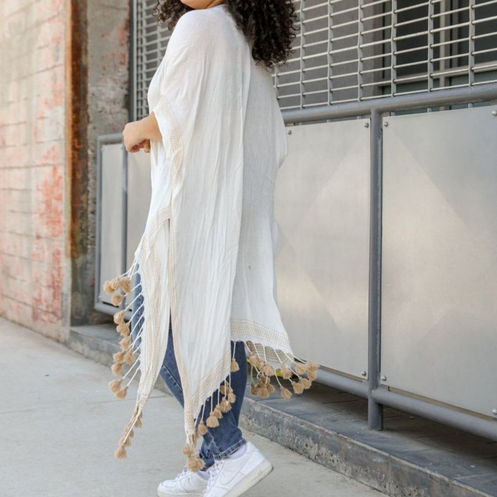 Bohemian Longline Tassel Border Kimono - White